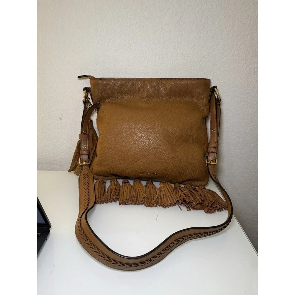 Michael Kors Camel Brown Tasseled Crossbody Purse Braid Strap Design Western